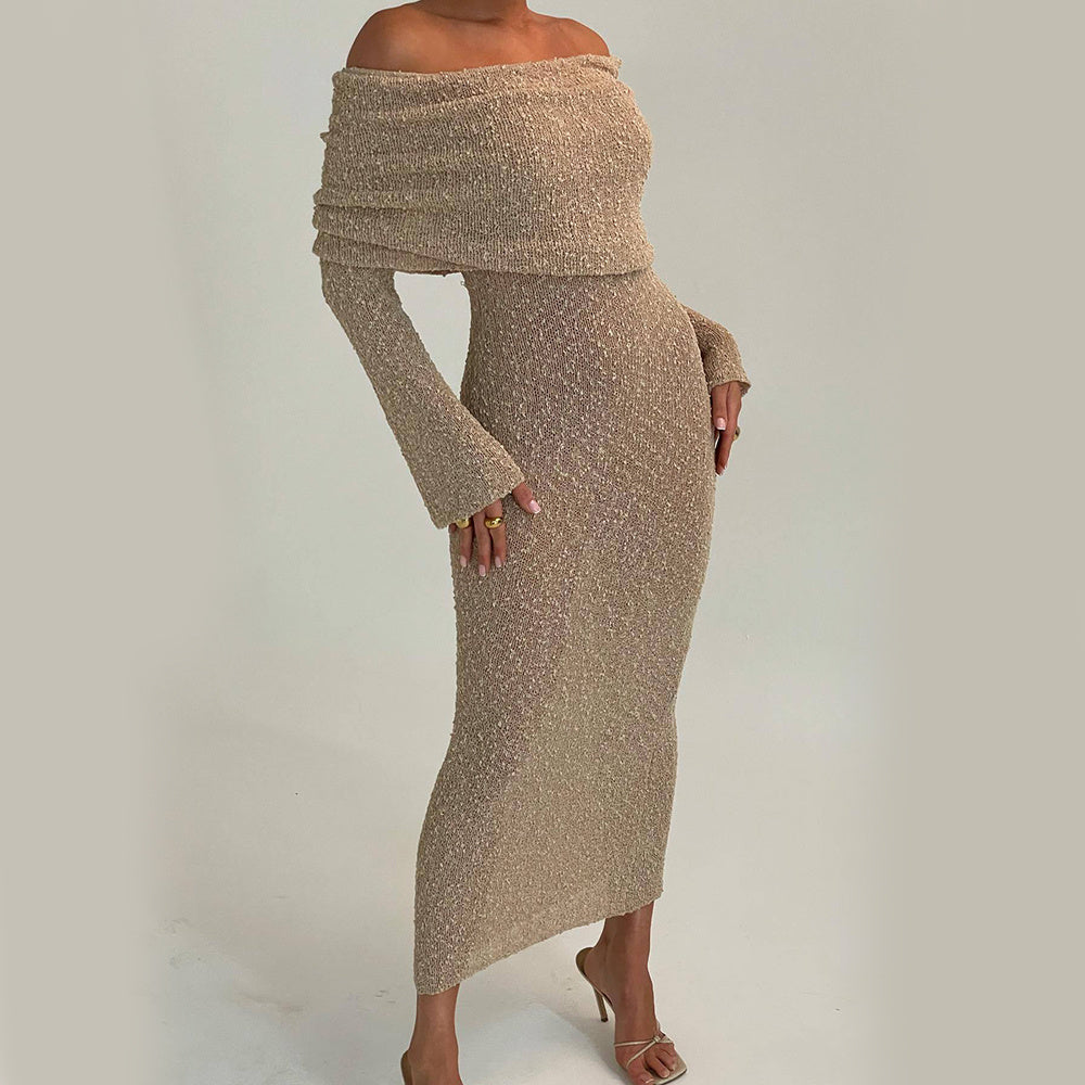 Elegante damesjurk met hoge taille en lange mouwen